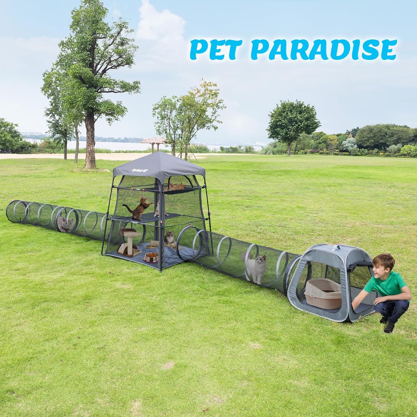 Large Outdoor Cat Enclosure for Indoor and Outdoor, 3 in 1 Cat Tower Tent with Tunnel and Pop Up Cage,Portable Catio with Waterproof Floor and 3 Doors (Includes Kitten Toys)+ Run Tunnel(2Pack)