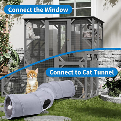 Large Walk-in Catio Outdoor, 70'' Wooden Window Access Cat Enclosure for Multiple Cats with Waterproof Roof, Feral Cat Shelter with Platforms, Hammock, Scratching Post and Rest Box Grey