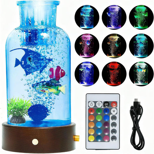 0.8ft Sensory Bubble Aquarium with 3 Fake Fishes, 16-Color Remote Control Night Light, Mini Glass Tank with Fake Plants & Wood Base, Air Pump Style Desktop Decor, Home Decor Gift for Kids & Adults.