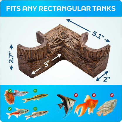 FISHNOSH Aquarium Cave | Natural-Looking Wood-Like BPA-Free Fish Tank Cave for Corners | 5.1” x 2” x 2.7” Fish Hideout for Aquarium | Guppy, Neon Tetra, Corydoras Catfish, Betta Hide | Tank Decor
