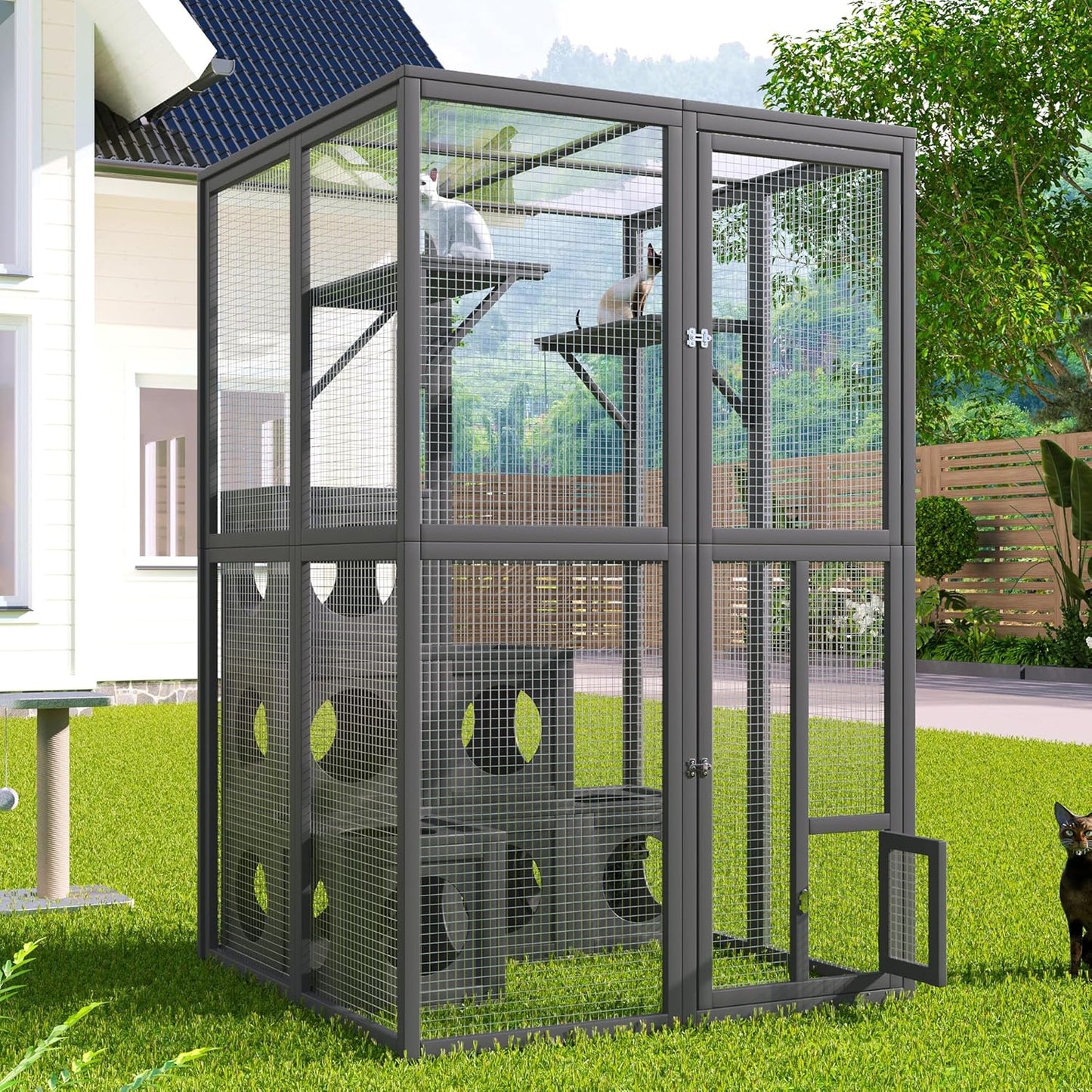 68.90" H Catio Outdoor Cat Enclosure Large, Tall Wooden Cat House with Weatherproof Roof, Cat Cage Playpen with 2 Multiple Platforms & 7 Removable Wood Boxes, for Cats, Grey