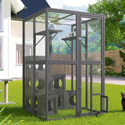 68.90" H Catio Outdoor Cat Enclosure Large, Tall Wooden Cat House with Weatherproof Roof, Cat Cage Playpen with 2 Multiple Platforms & 7 Removable Wood Boxes, for Cats, Grey
