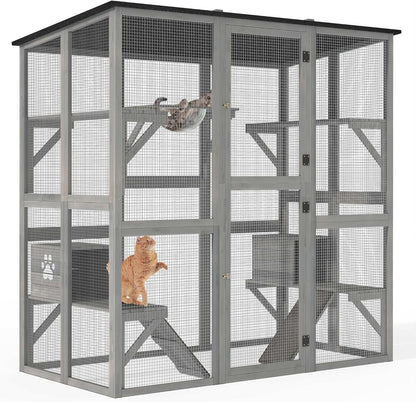 YITAHOME Catio Outdoor Cat Enclosure Large, Tall Wooden Cat House with Weatherproof Asphalt Roof, Cat Cage Playpen with Multiple Platforms & 2 Resting Boxes, 70.9" L x 38.2" W x 70.9" H