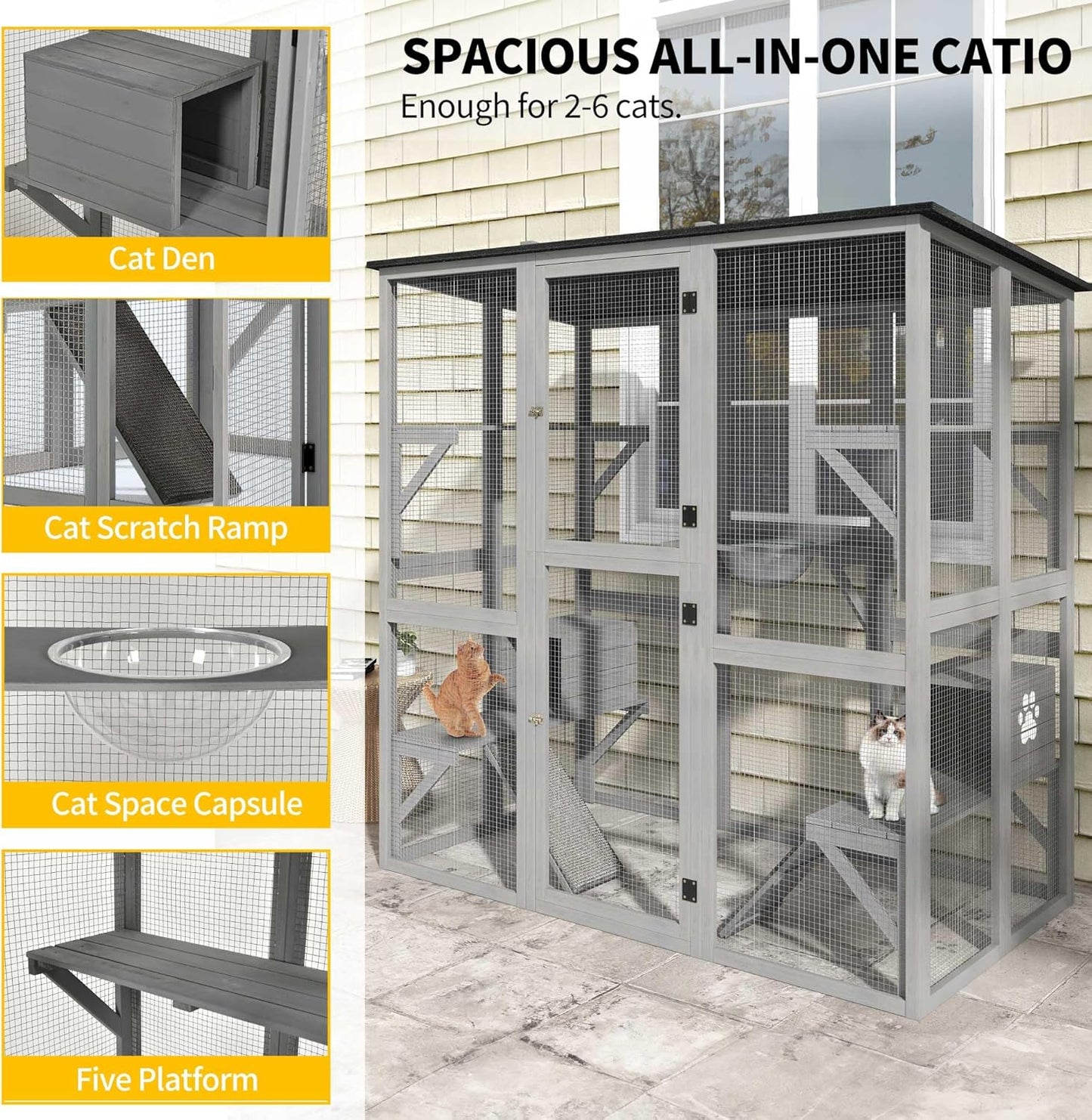 DWVO Cat House Outdoor Catio Kitty Enclosure 71" Walk in Cat Kennel Large Kitten Cage with Platforms, 2 Cats Scratcher Ramp and Small Cats House, Space Capsule Bed