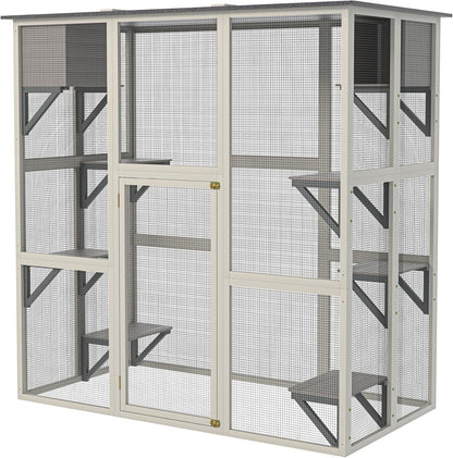 Wooden Catio Outdoor Cat Enclosure,71" H Outdoor Cat House W/ 8 Jumping Platforms & 2 Napping Houses,Walk-in Cat Patio Enclosure W/ 2 Safety Latches Doors & Weatherproof Asphalt Roof,Gray