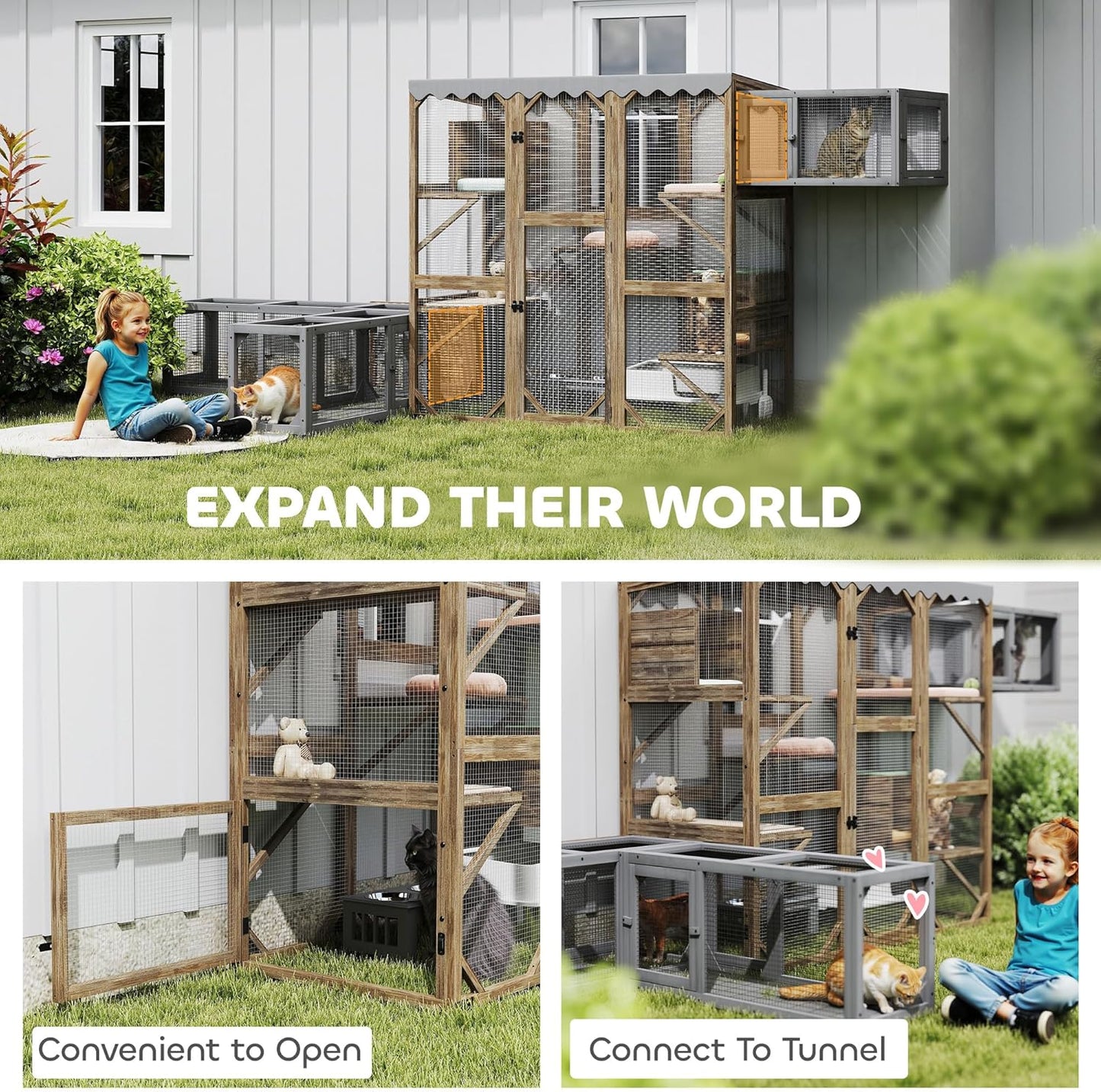 PawHut Catio Outdoor Cat Enclosure, Wooden Cat House with Window Access, 5 Platforms and 2 Resting Box, Waterproof Roof, Kitty Cage for Multiple Kittens, 59" H, Brown