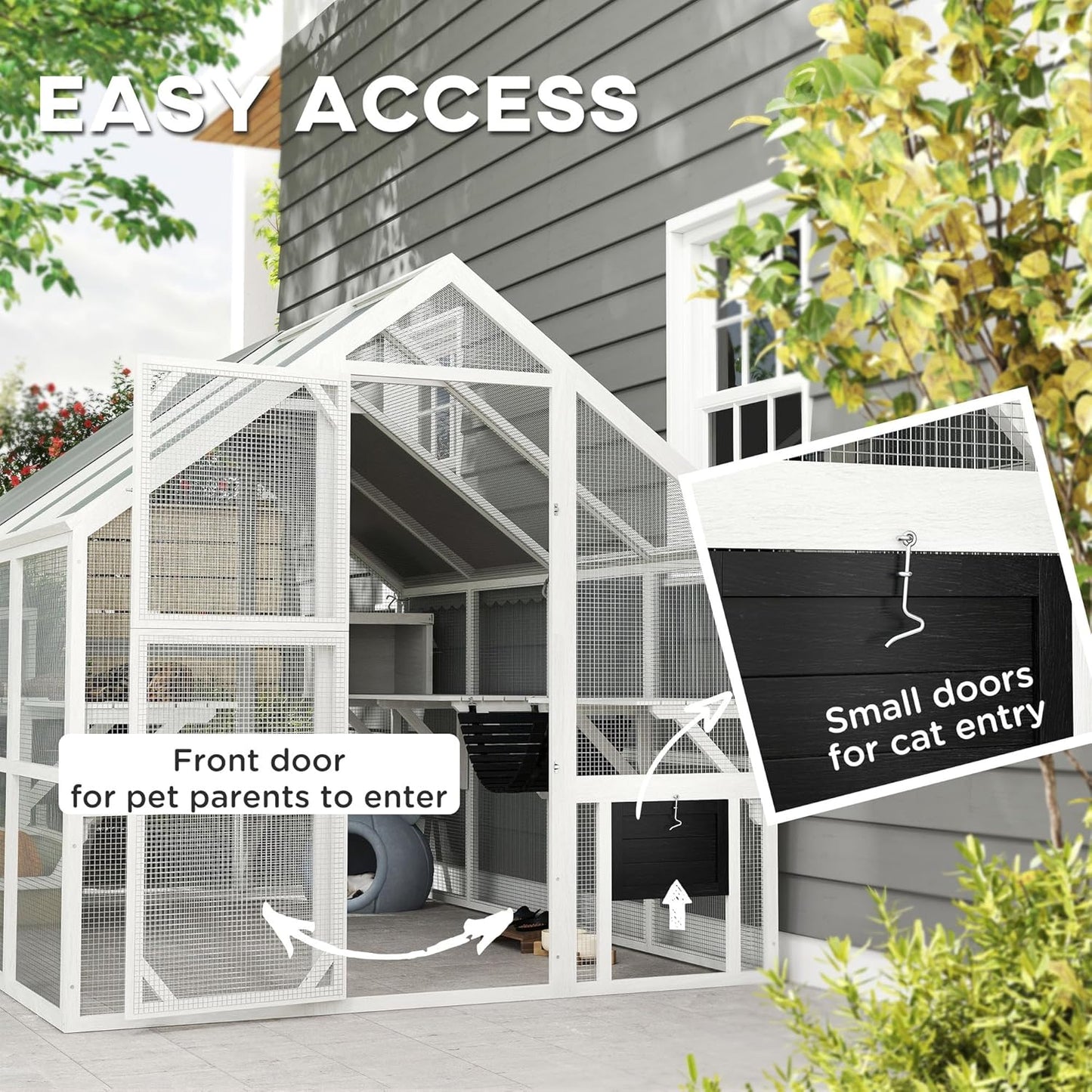 PawHut 110" L Large Catio Outdoor Cat Enclosure for Multiple Kittens, 56 sq.ft Wooden Cat House with Waterproof Cover, Walk in Kitty Cage Kennel with 2 Condos, 6 Platforms, Bridge, Doors, White