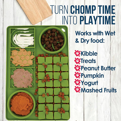 Palz&Co Paw Puzzle 2-in-1 Slow Feeder & Lick Mat - Large 15.75"x10.5" Green Non-Slip Silicone Mat for Dogs & Cats, Dry or Wet Food, Enrichment Puzzle Feeder, Dishwasher Safe