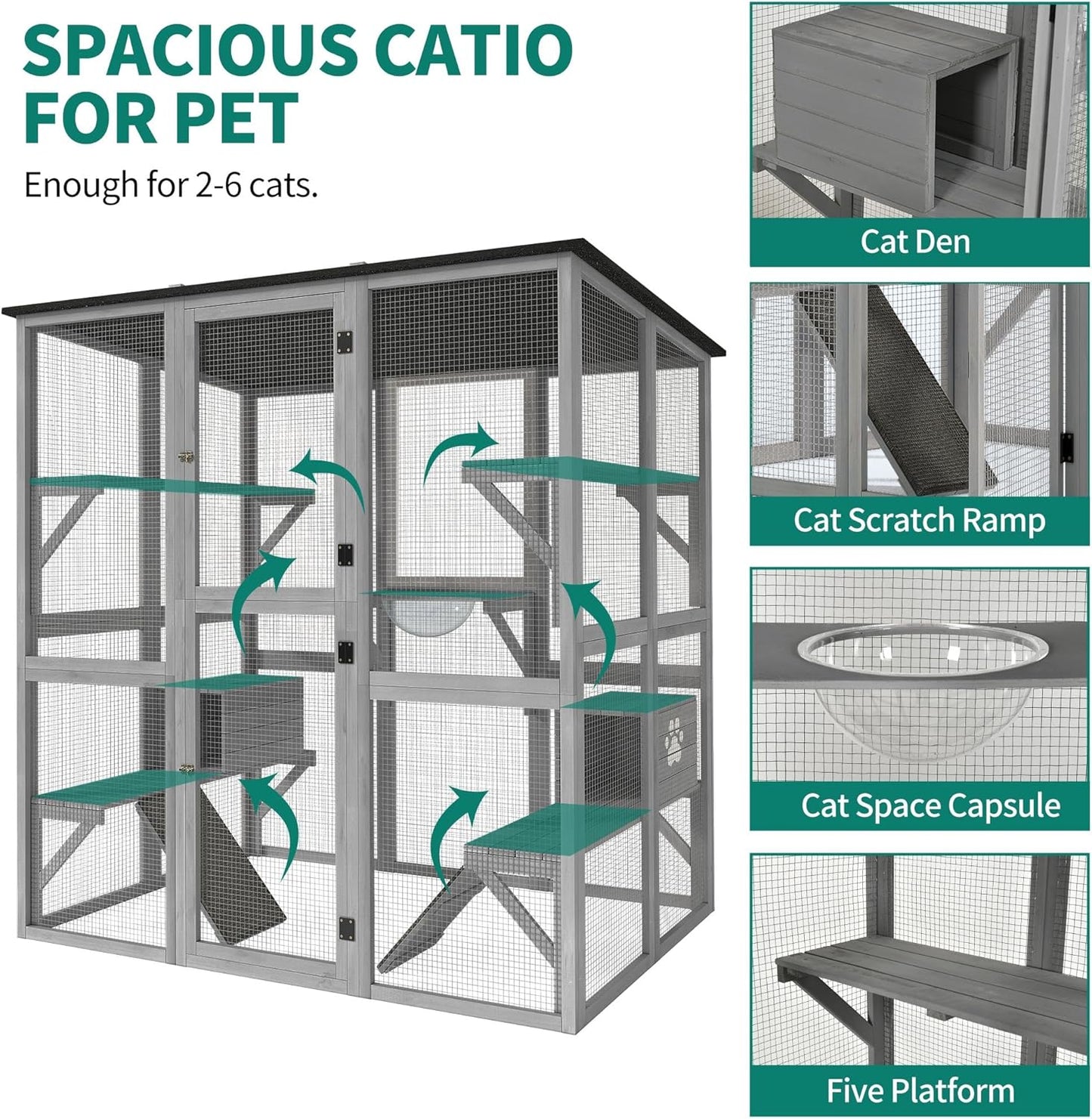 YITAHOME Catio Outdoor Cat Enclosure Large, Tall Wooden Cat House with Weatherproof Asphalt Roof, Cat Cage Playpen with Multiple Platforms & 2 Resting Boxes, 70.9" L x 38.2" W x 70.9" H
