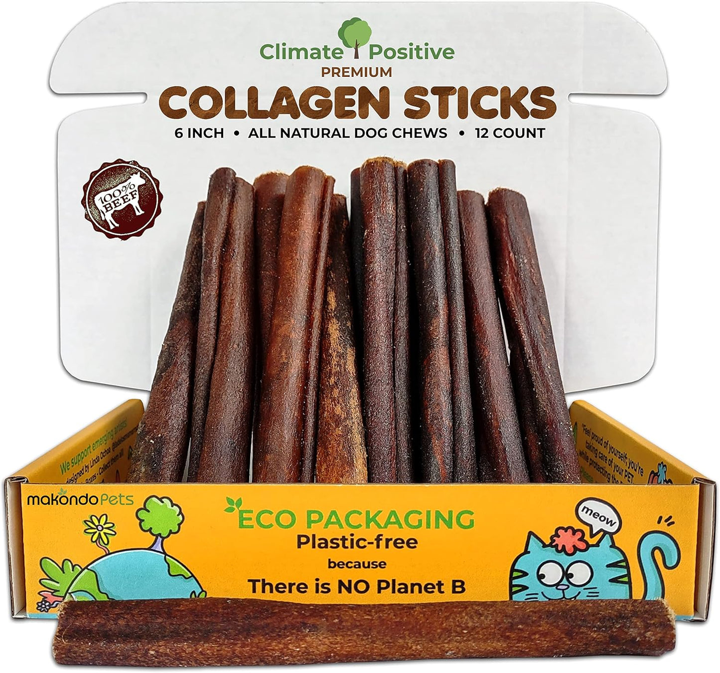 Makondo Pets Collagen Sticks 100% Natural Beef Dog Chews, 6” Premium Dog Treats for Training Puppies & Adults, Zero Filler or Preservatives, 12Pcs of Corium