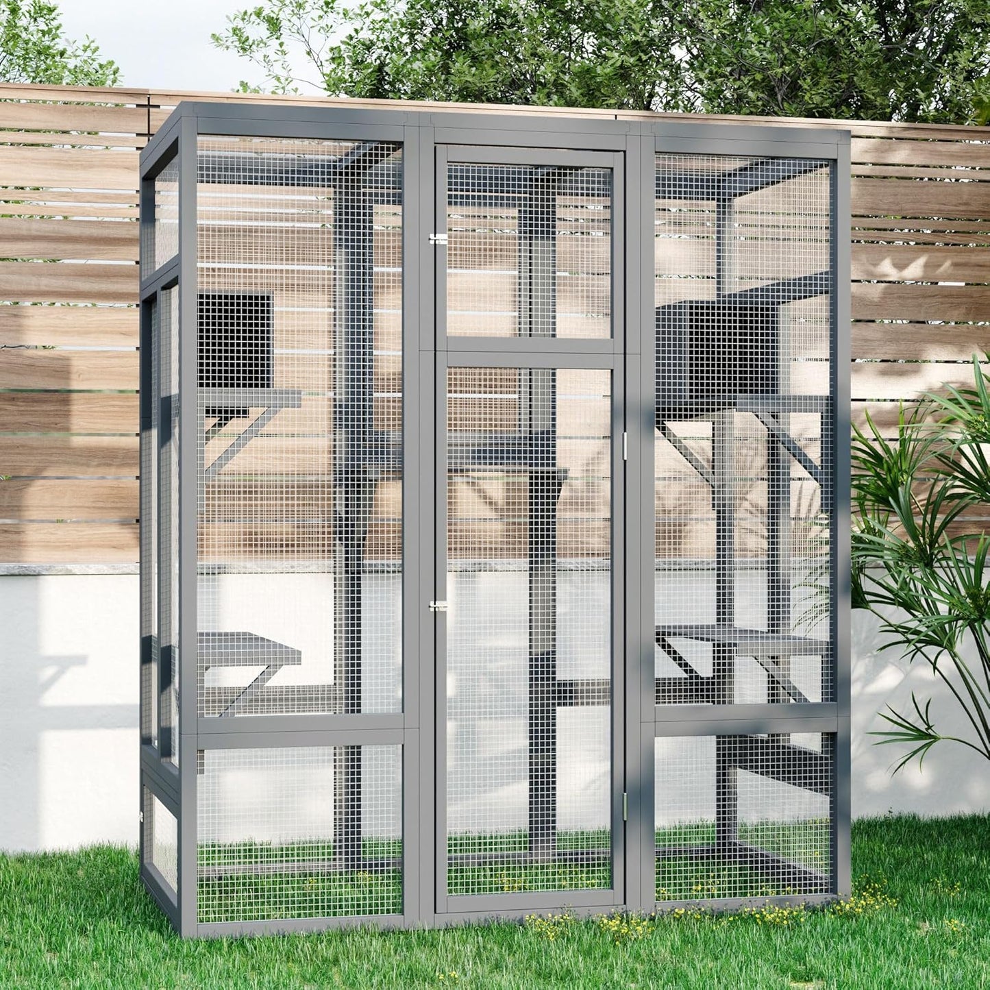 70 Inch Catio Outdoor Cat Enclosure, Large Cat House for Outdoor Cats with Enhanced Security Structure, Outside Cat Patio Cattery Weatherproof for Multiple Indoor Outdoor Cats, Grey