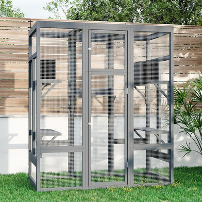 70 Inch Catio Outdoor Cat Enclosure, Large Cat House for Outdoor Cats with Enhanced Security Structure, Outside Cat Patio Cattery Weatherproof for Multiple Indoor Outdoor Cats, Grey