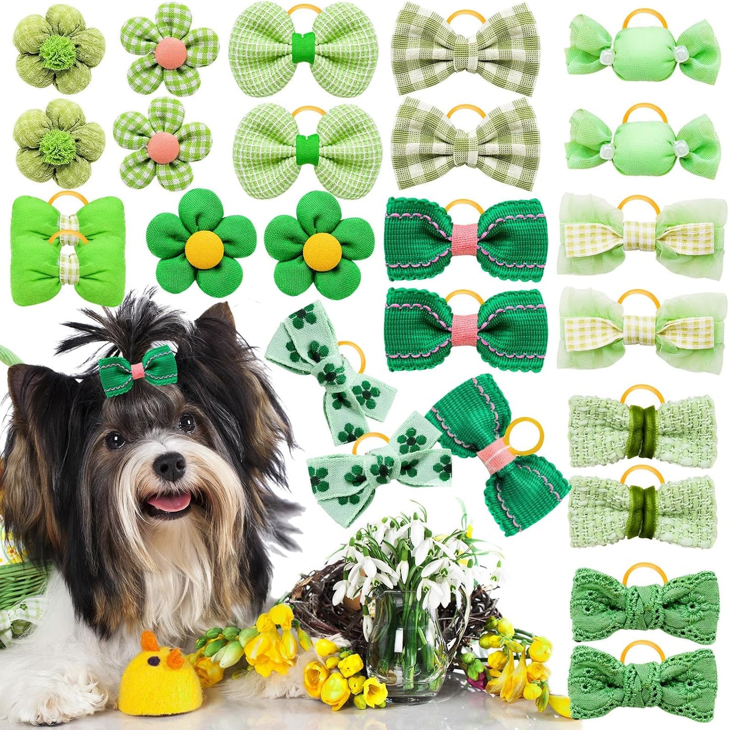20pc Green Small Dog Hair Bows with Rubber Bands, Bulk Green Puppy Dog Hair Bows, Mix Handmade Cute Dog Gooming Flower Ball Bows for Holiday Yorkie Dog Hair Accessories