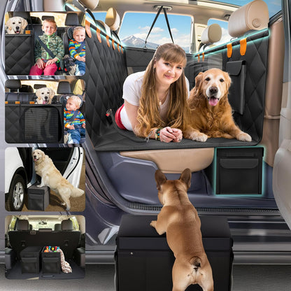 Backseat Cover for Dogs in Car with 2x Storage Boxes - Waterproof Dog Car Seat Cover, Backseat Extender Clip Strap, Carry Bag - Hammock Bed Seat Extender for Dogs, Pet Protector for SUV Truck