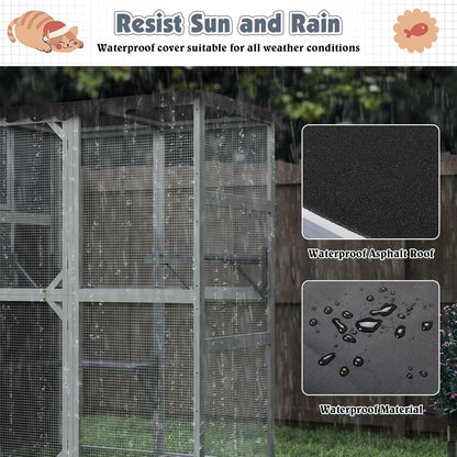 COZIWOW Large Wood Cat Catio, Outdoor Enclosure with Weatherproof Roof, 2 Resting Rooms, 2 Platforms, 4-Tier Cat Playpen (Grey with Pattern)