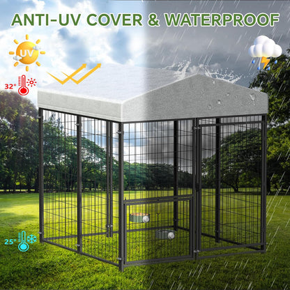 Mr IRONSTONE Large Dog Kennel Outdoor with Water-Resistant Roof Heavy Duty Outside Dog Kennel Pet Pens Dogs Run Enclosure with Rotating Feeder and Secure Lock (4'L x 4'W x 4.4'H)