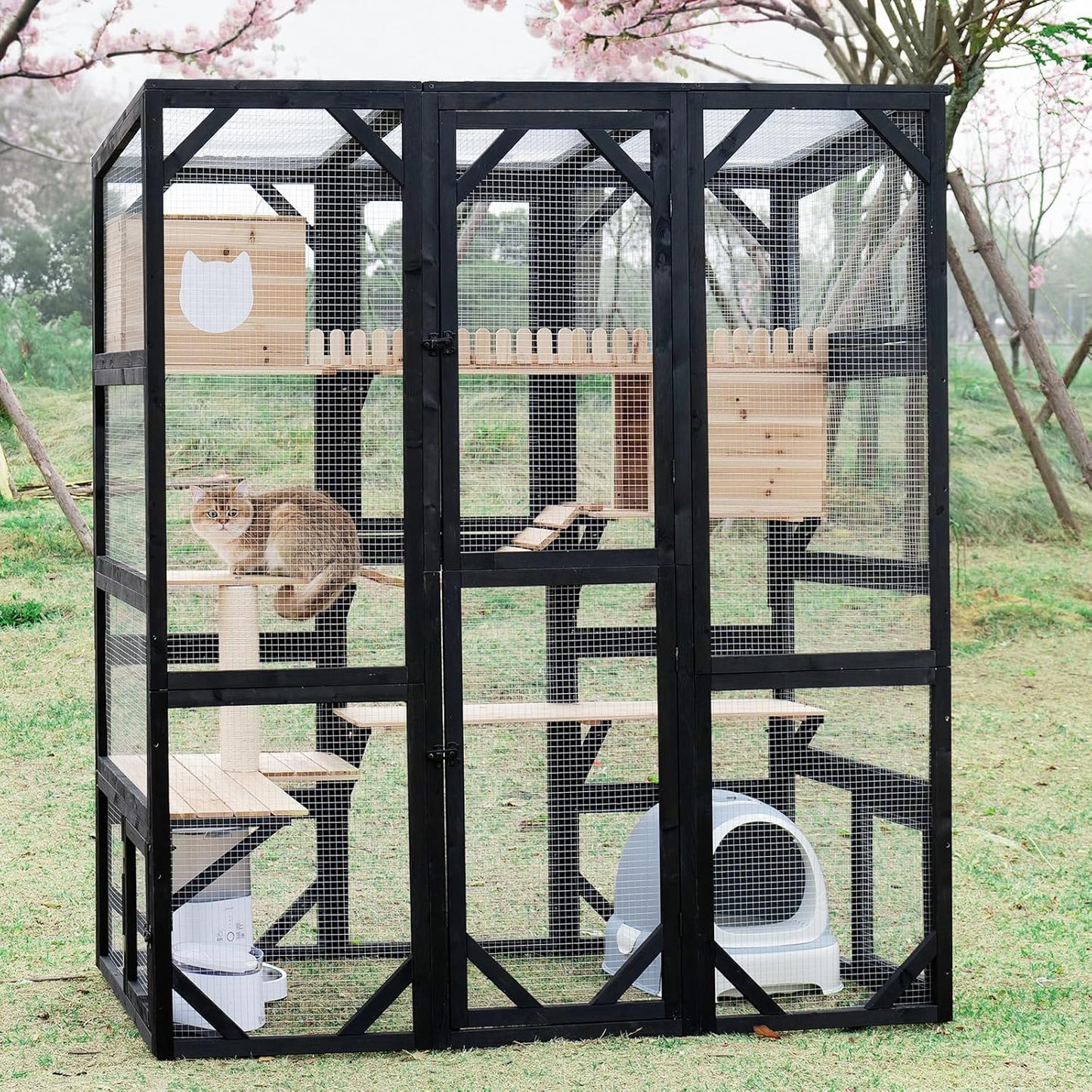 FunXplore Large Catio Outdoor Cat Enclosure Window 73" H Walk-in Cat House Kitty Cage for Multiple Indoor Outdoor Cats Outside Patio with 5 Access Doors Waterproof Roof