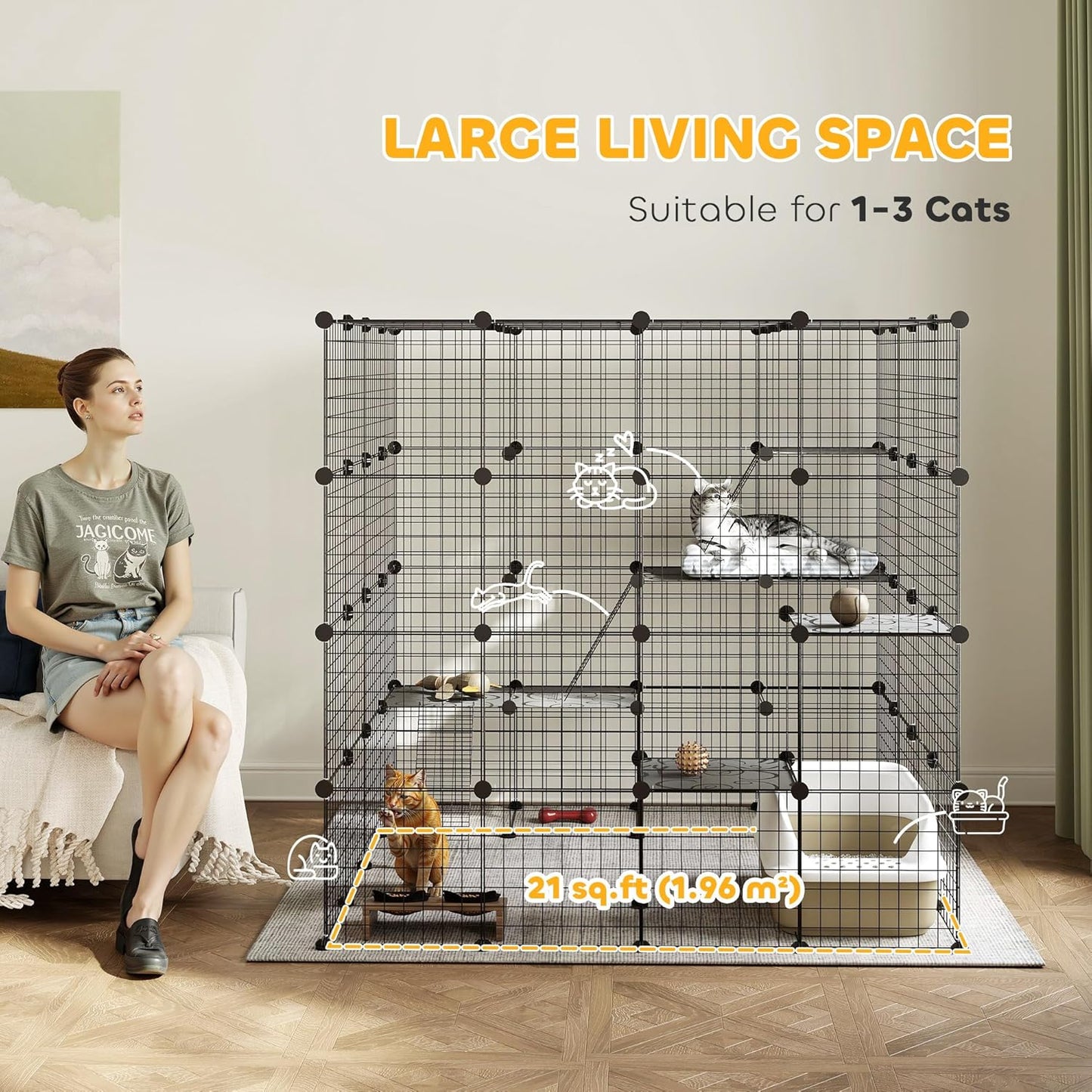 PawHut Cat Cage, 4 x 4 x 4 DIY 4 Tier Cat Enclosure, Detachable Wire Indoor Catio with Hammock, Jumping Platforms, Ramps, Doors, for 1-3 Kittens, 55" L x 55" W x 55" H, Black