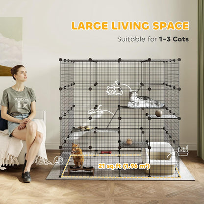 PawHut Cat Cage, 4 x 4 x 4 DIY 4 Tier Cat Enclosure, Detachable Wire Indoor Catio with Hammock, Jumping Platforms, Ramps, Doors, for 1-3 Kittens, 55" L x 55" W x 55" H, Black