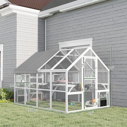 PawHut 110" L Large Catio Outdoor Cat Enclosure for Multiple Kittens, 56 sq.ft Wooden Cat House with Waterproof Cover, Walk in Kitty Cage Kennel with 2 Condos, 6 Platforms, Bridge, Doors, White