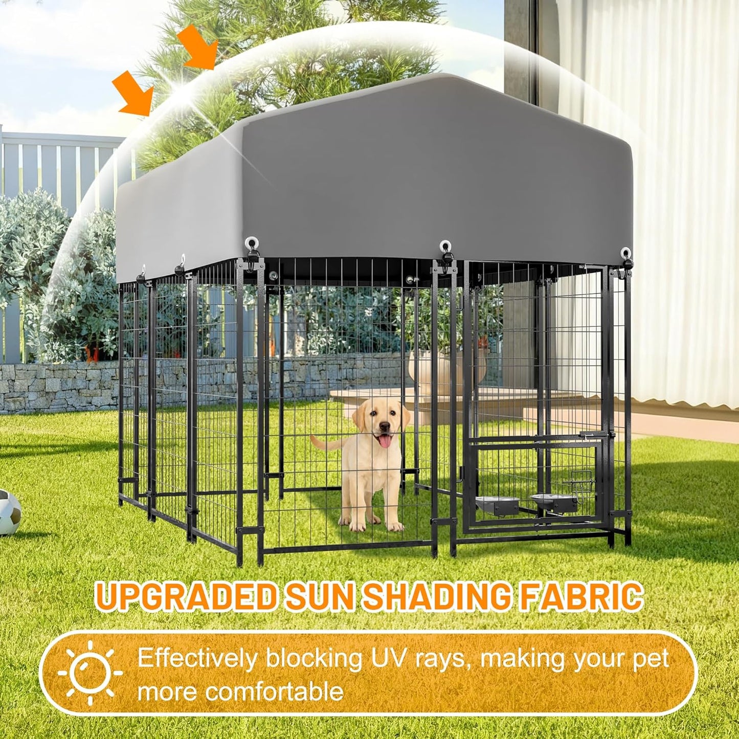 Dog Crate Furniture, Dogs Cage House Kennel - 4.23'x5.82'x4.83' Welded Wire Enclosure, Heavy Duty Dog Crate with UV-Resistant Waterproof Cover, Double Lock & Rotating Feeder,1.8x1.3x1.5mGrey-Met