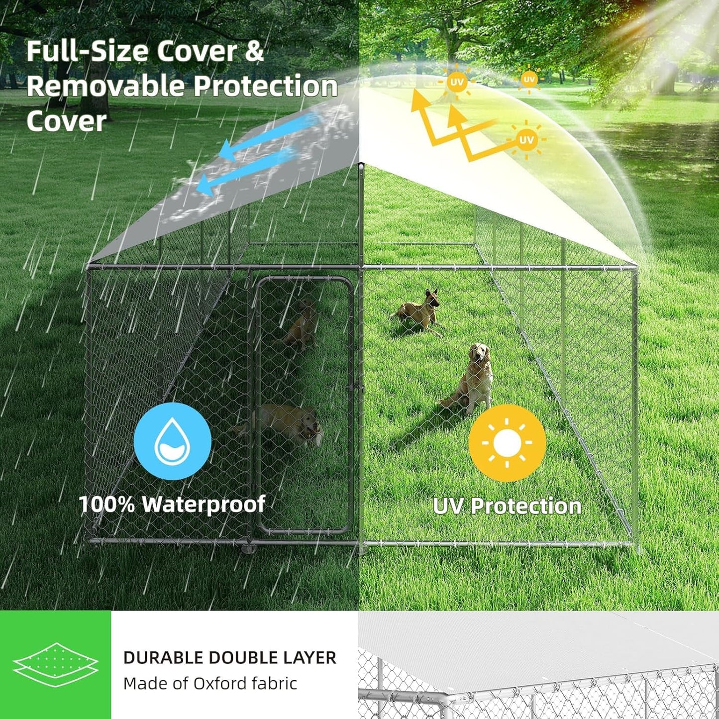 20x10 FT Outdoor Dog Kennel Outside with Metal Large Dog Gate, Outdoor Dog Pens with Roof, Heavy Duty Dog Enclosures for Backyard Farm Use (240x120x84)