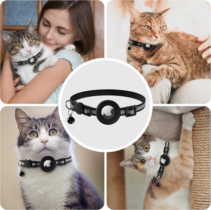 Airtag Cat Collar Breakaway, Adjustable Reflective Kitten Cat Collar with Apple AirTag Holder and Bell for Cats and Puppies (Black)