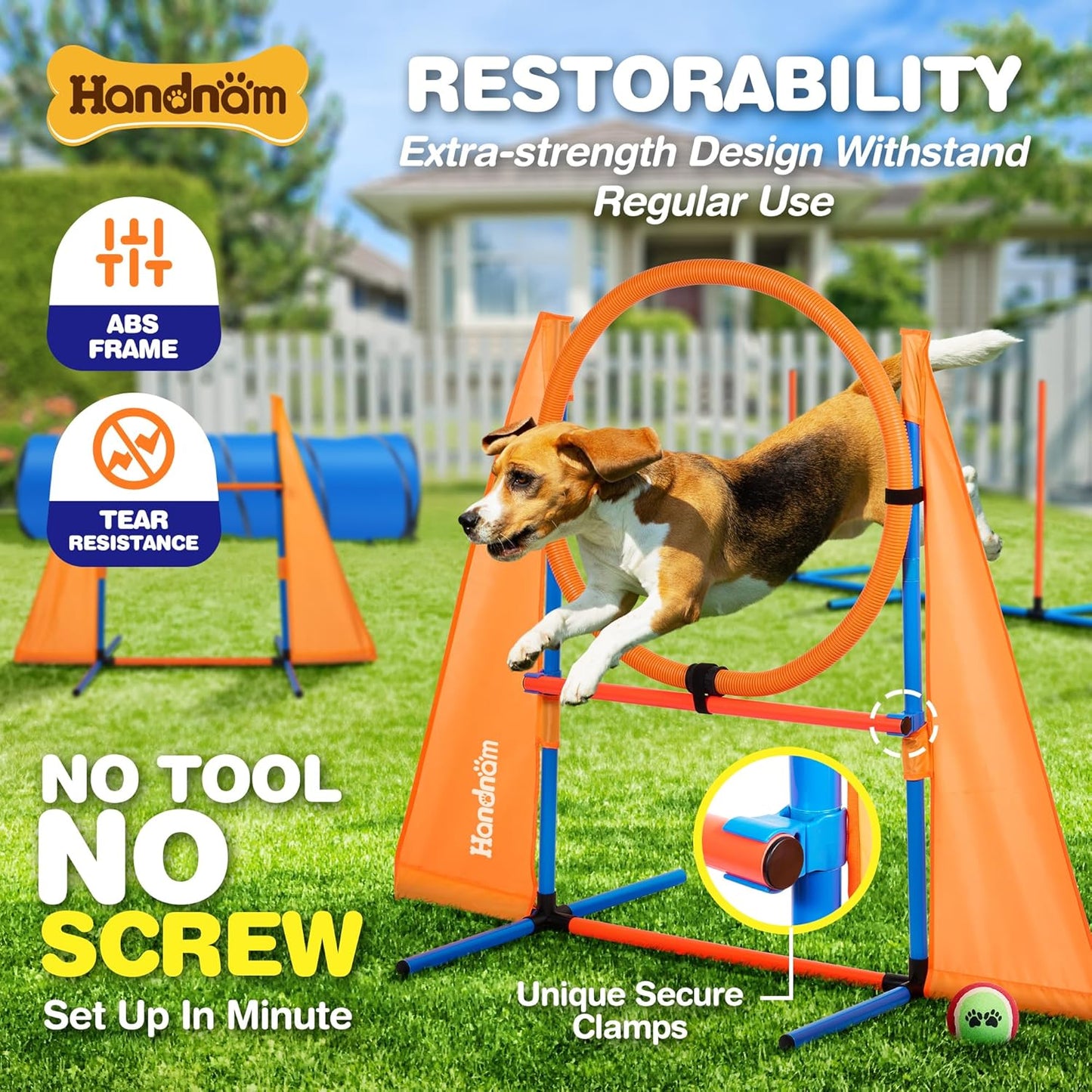 Dog Agility Course Backyard Set, 2 Agility Tunnel, 2 Jumps, 6 Weave Poles, Pause Box & More, Dog Obstacle Course Kit for Indoor and Outdoor