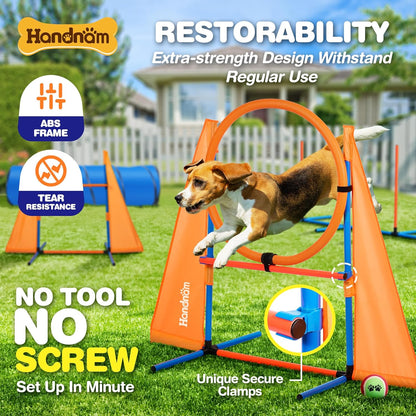 Dog Agility Course Backyard Set, 2 Agility Tunnel, 2 Jumps, 6 Weave Poles, Pause Box & More, Dog Obstacle Course Kit for Indoor and Outdoor