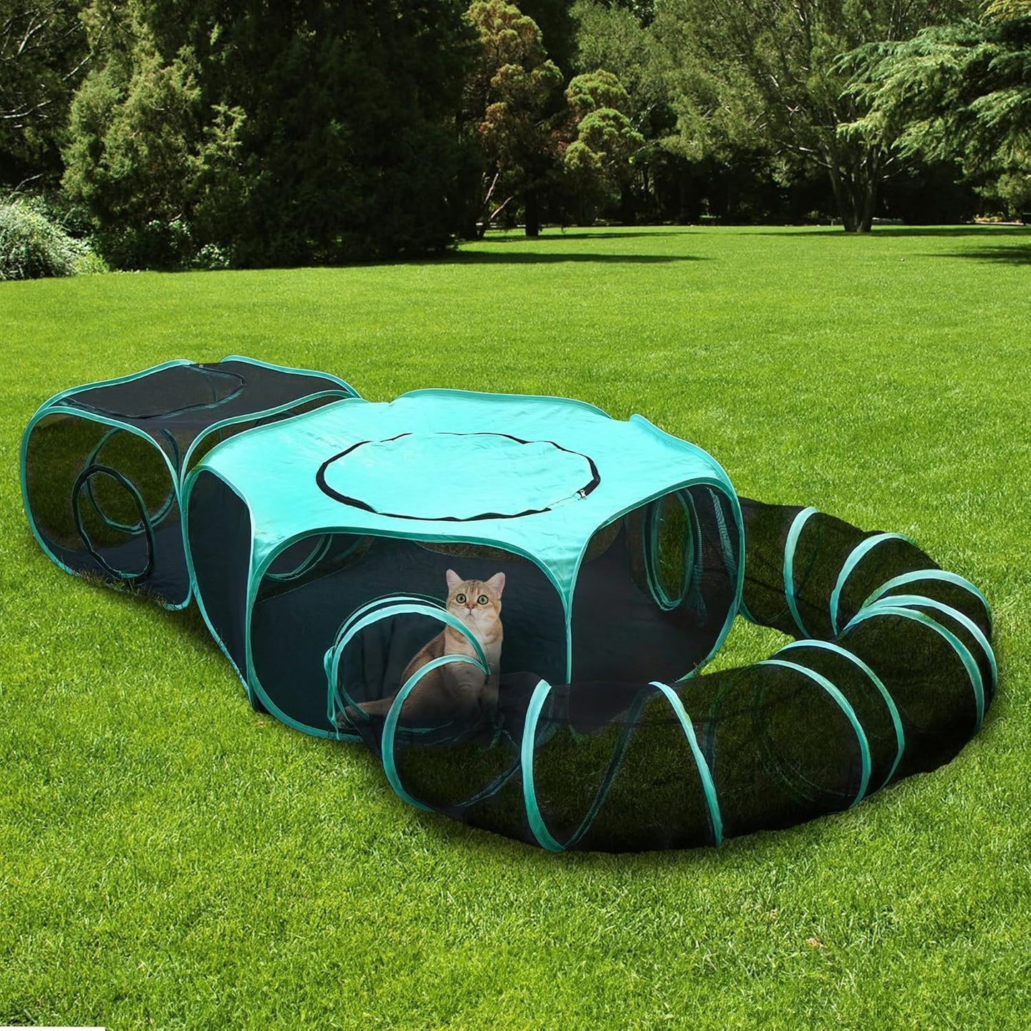 Large Outdoor Cat Enclosure Pop-Up Tent, Portable 3-in-1 Modular Pet Playpen with Zippered Mesh Windows for Indoor & Outside Use, Travel, Backyard, Park