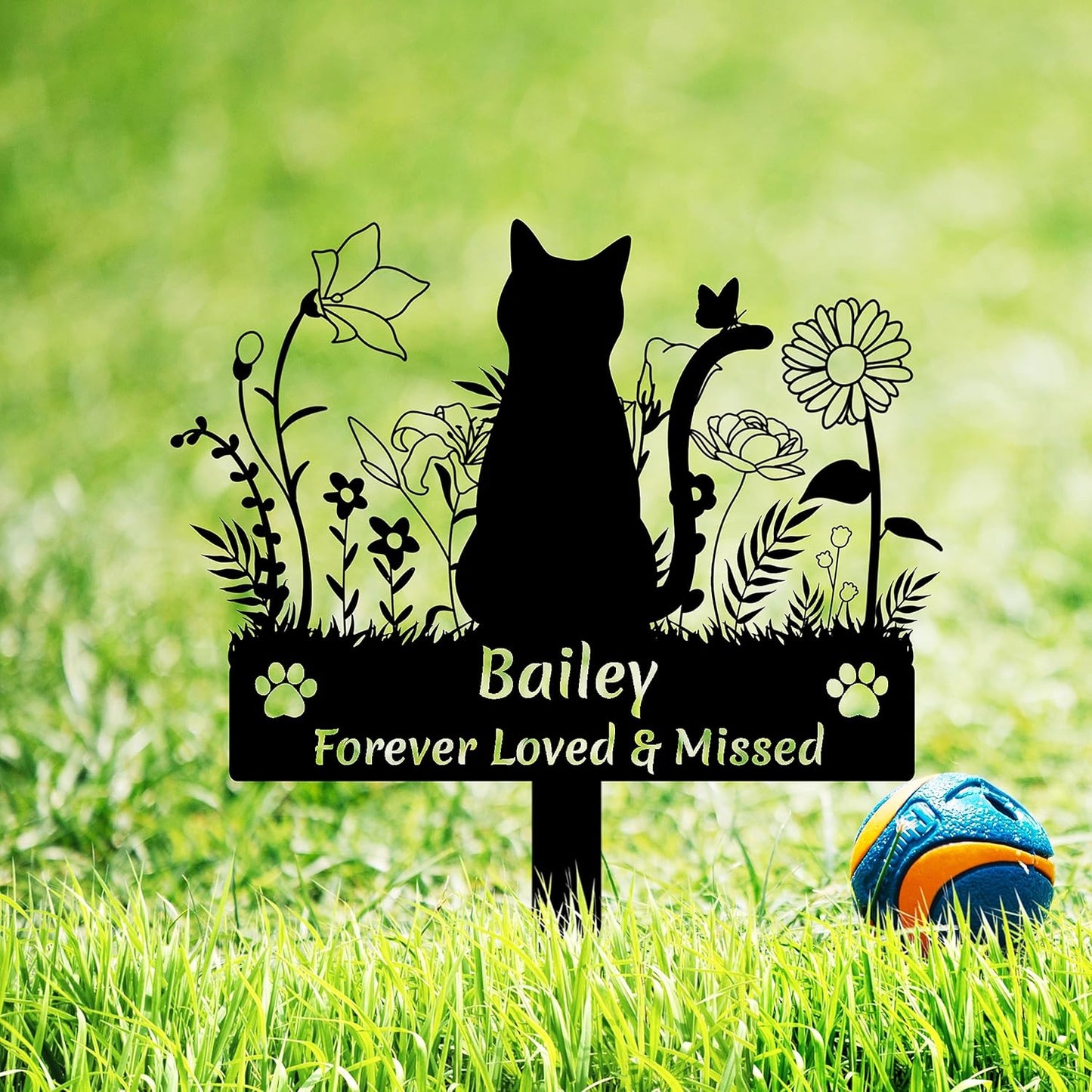 Custom Cat Name Memorial Grave Stake Marker, Personalized Floral Cat Memorial Grave Marker, Customized Flowers Butterfly Cat Memorial Stake Outdoor Metal Grave Plaque Cat Memorial Statue