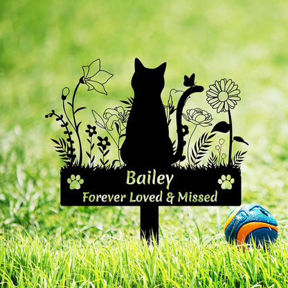 Custom Cat Name Memorial Grave Stake Marker, Personalized Floral Cat Memorial Grave Marker, Customized Flowers Butterfly Cat Memorial Stake Outdoor Metal Grave Plaque Cat Memorial Statue