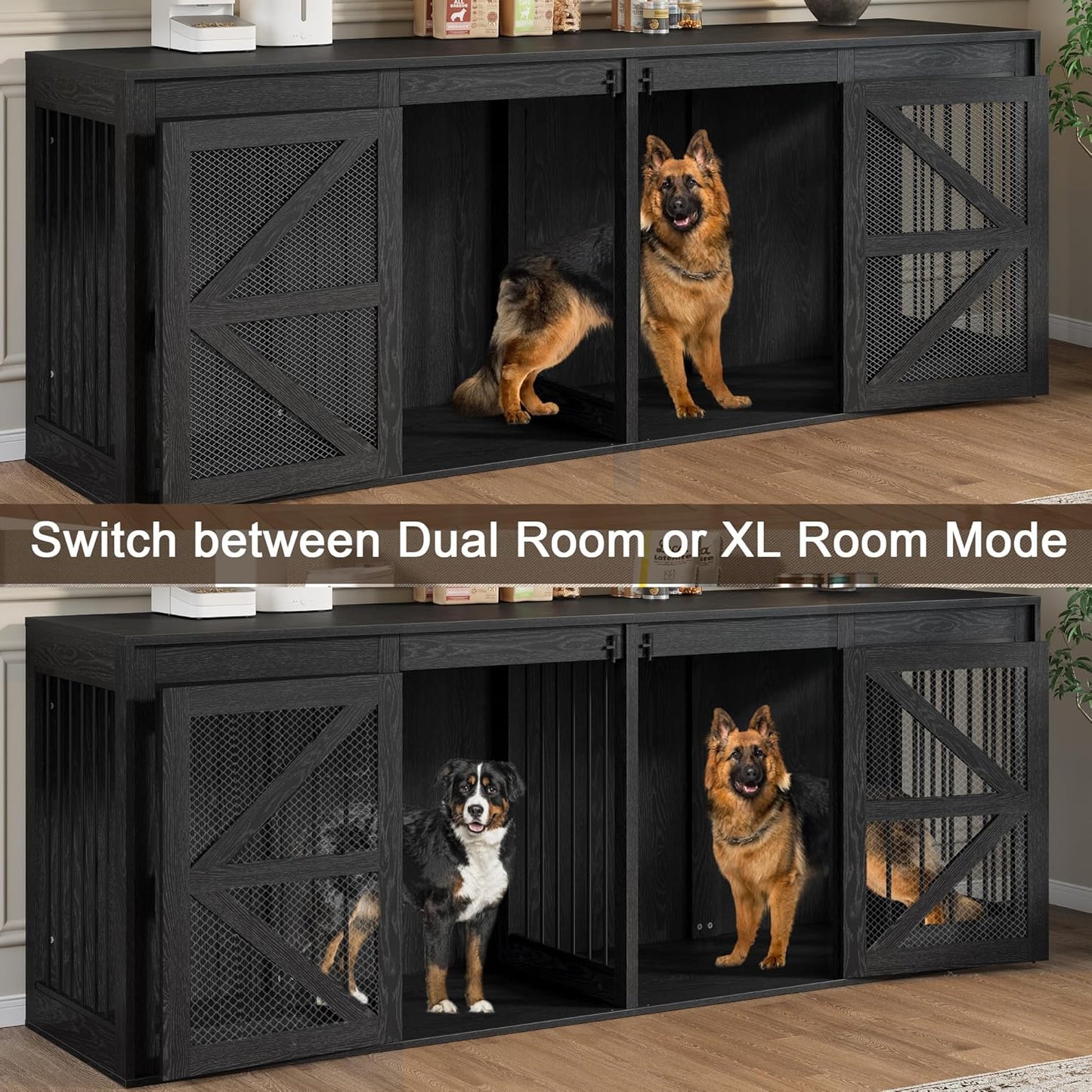94.5'' Double Dog Crate Furniture, Farmhouse Dog Kennel TV Stand for 2 Large Dogs, Wooden Dog Cage Extra Large Breed with Divider & Solid Metal Tube, Black