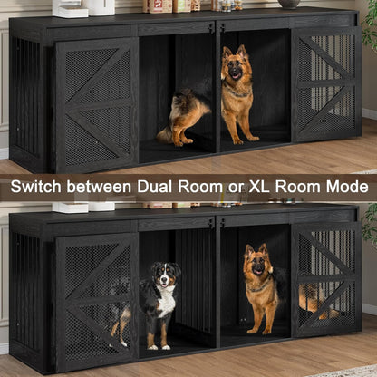 94.5'' Double Dog Crate Furniture, Farmhouse Dog Kennel TV Stand for 2 Large Dogs, Wooden Dog Cage Extra Large Breed with Divider & Solid Metal Tube, Black