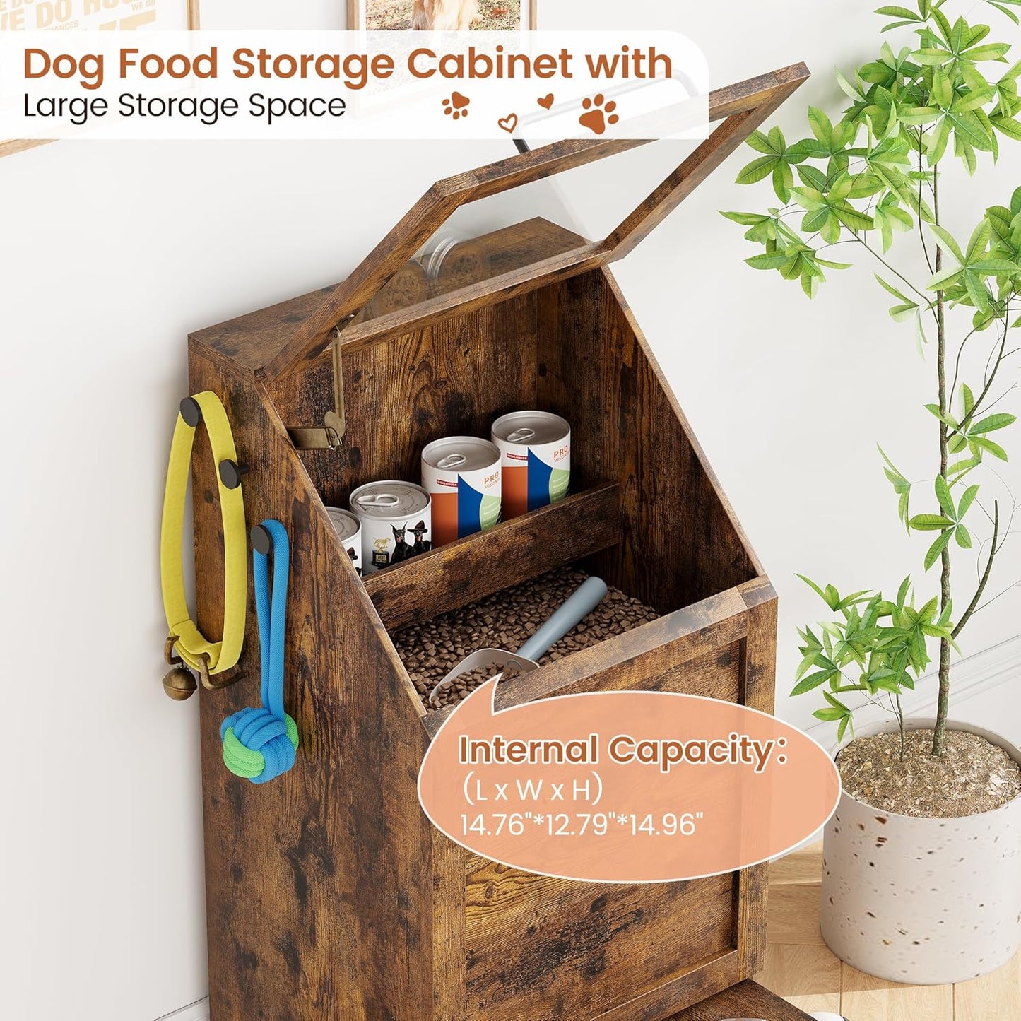 Dog Feeding Station with 2 Elevated Dog Bowls, Pet Feeding Station with Storage Cabinet Organizer, Flip-Up Lid, Anti-Toppling Design, for Pet Food and Pet Supplies, Rustic Brown