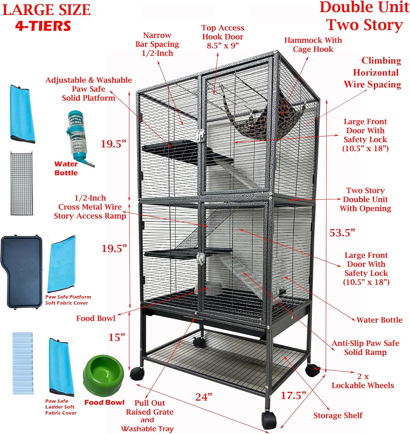 Large Two Full Story Deluxe Double Unit 4-Tiers Tight 1/2-Inch Bar Spacing Durable Front Doors Water Bottle Food Bowl for Feisty Ferret Squirrel Hammock Rat Gerbil Small Animal Critter Rolling Cage
