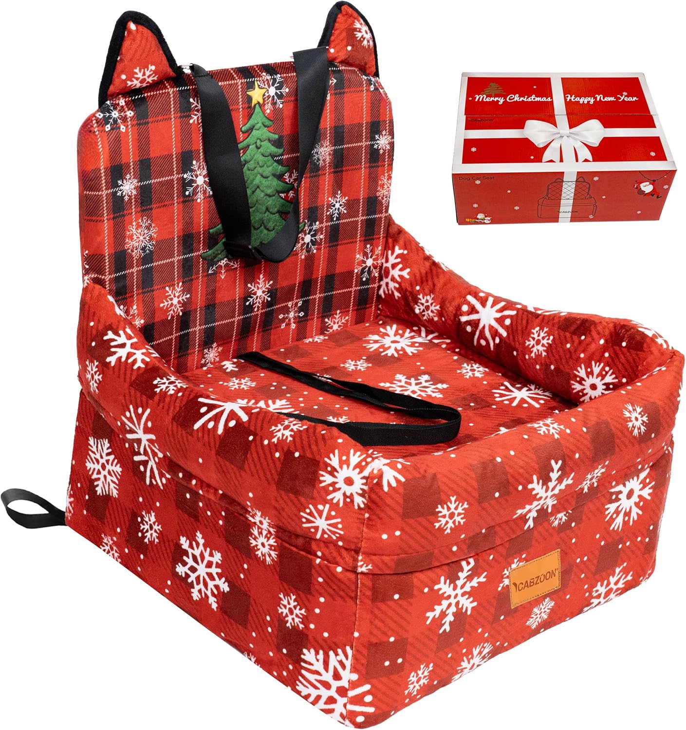 Christmas Dog Car Seat for Small/Medium Dogs Up to 35lbs,Elevated Cushion Fits in Front/Back Seat,Travel Safety Per Car Bed with Washable Removable Cover, Storage 2 Pockets Christmas Tree