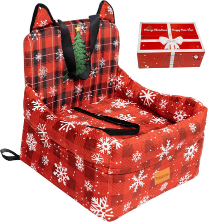 Christmas Dog Car Seat for Small/Medium Dogs Up to 35lbs,Elevated Cushion Fits in Front/Back Seat,Travel Safety Per Car Bed with Washable Removable Cover, Storage 2 Pockets Christmas Tree