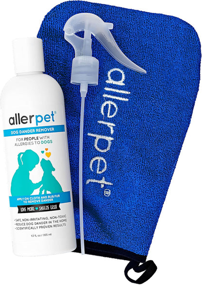Allerpet Dog Dander Remover w/Free Applicator Mitt & Sprayer - Best Pet Dander Remover for Allergens - for Canine Dry Skin Treatment - Good for Fur & Skin - (12oz)
