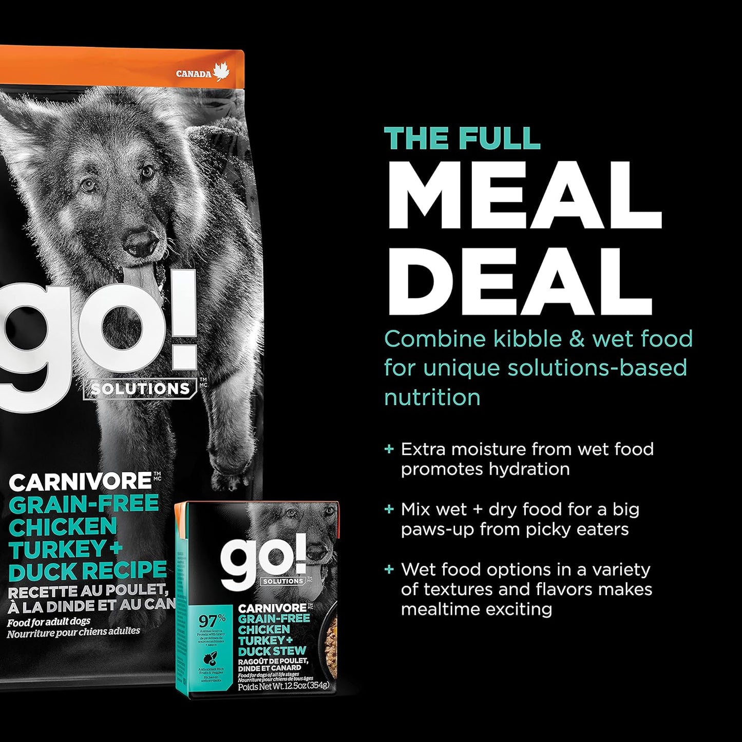 Go! Solutions Carnivore, Grain-Free, Protein Rich Dry Dog Food, Chicken, Turkey and Duck Adult Recipe, 22 lb Bag