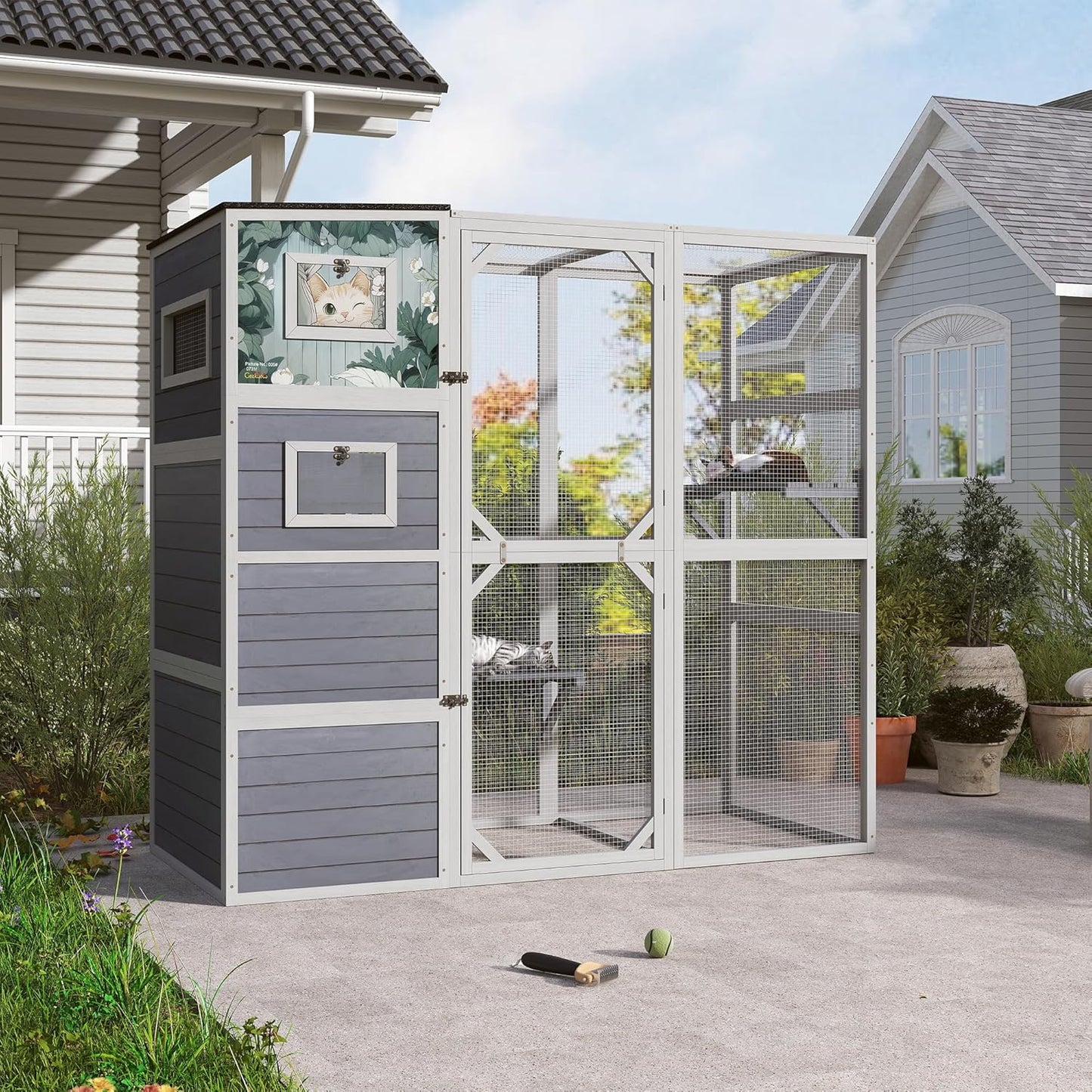 COZIWOW Large Wood Cat Catio, Outdoor Enclosure with Weatherproof Roof, 2 Resting Rooms, 2 Platforms, 4-Tier Cat Playpen (Grey with Pattern)