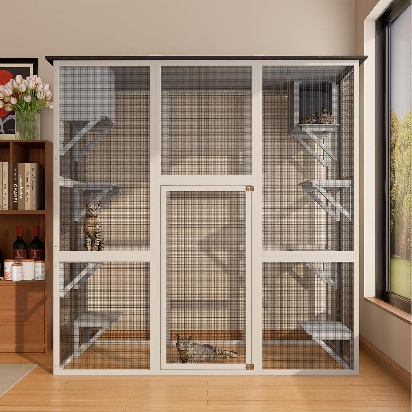 Catio Outdoor Cat Enclosure, Large Walk in Cat House for Outdoor Cats Kitten Enclosure with Weatherproof Asphalt Roof,Cat Cages with 6 Platforms & 2 Napping Boxes, 70.9",Grey
