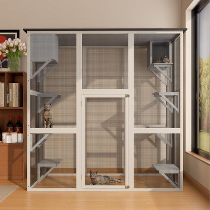 Catio Outdoor Cat Enclosure, Large Walk in Cat House for Outdoor Cats Kitten Enclosure with Weatherproof Asphalt Roof,Cat Cages with 6 Platforms & 2 Napping Boxes, 70.9",Grey