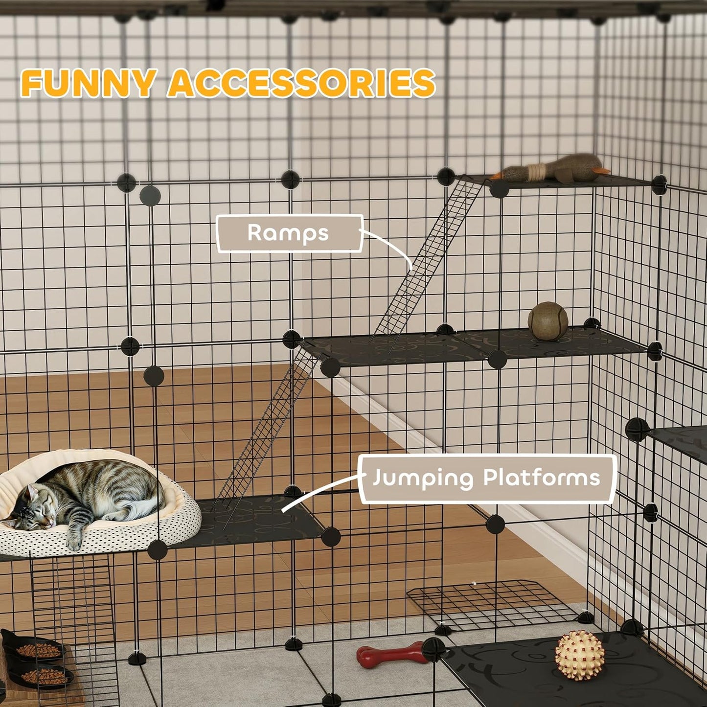 PawHut Cat Cage, 4 x 4 x 4 DIY 4 Tier Cat Enclosure, Detachable Wire Indoor Catio with Hammock, Jumping Platforms, Ramps, Doors, for 1-3 Kittens, 55" L x 55" W x 55" H, Black
