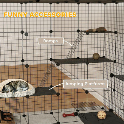 PawHut Cat Cage, 4 x 4 x 4 DIY 4 Tier Cat Enclosure, Detachable Wire Indoor Catio with Hammock, Jumping Platforms, Ramps, Doors, for 1-3 Kittens, 55" L x 55" W x 55" H, Black