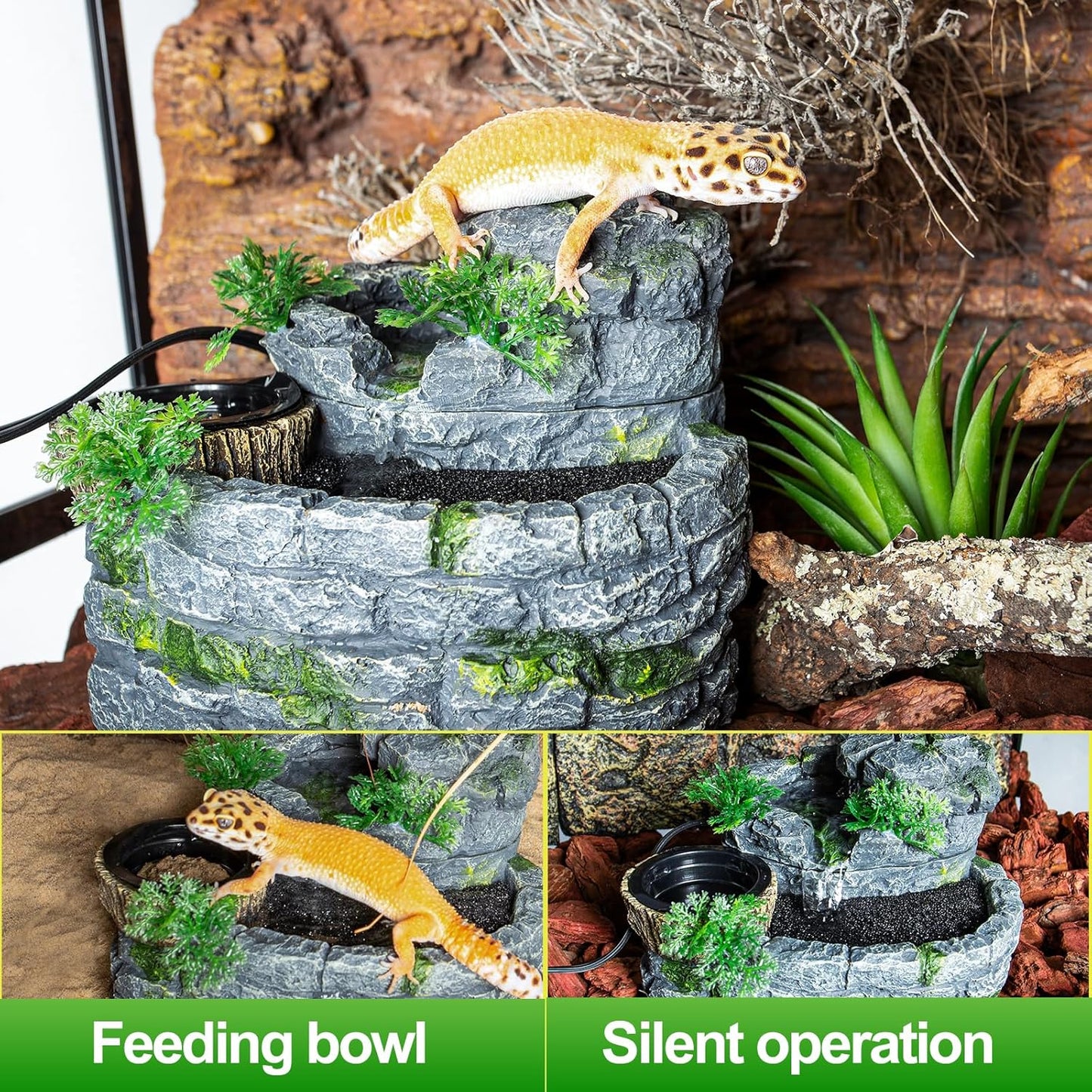 500ML Reptile Waterfall Fountain, Reptile Water Drinking Fountain for Bearded Dragons, Geckos & Lizards – Terrarium Waterfall with Feeding Bowl, Flowing Water, Natural Resin
