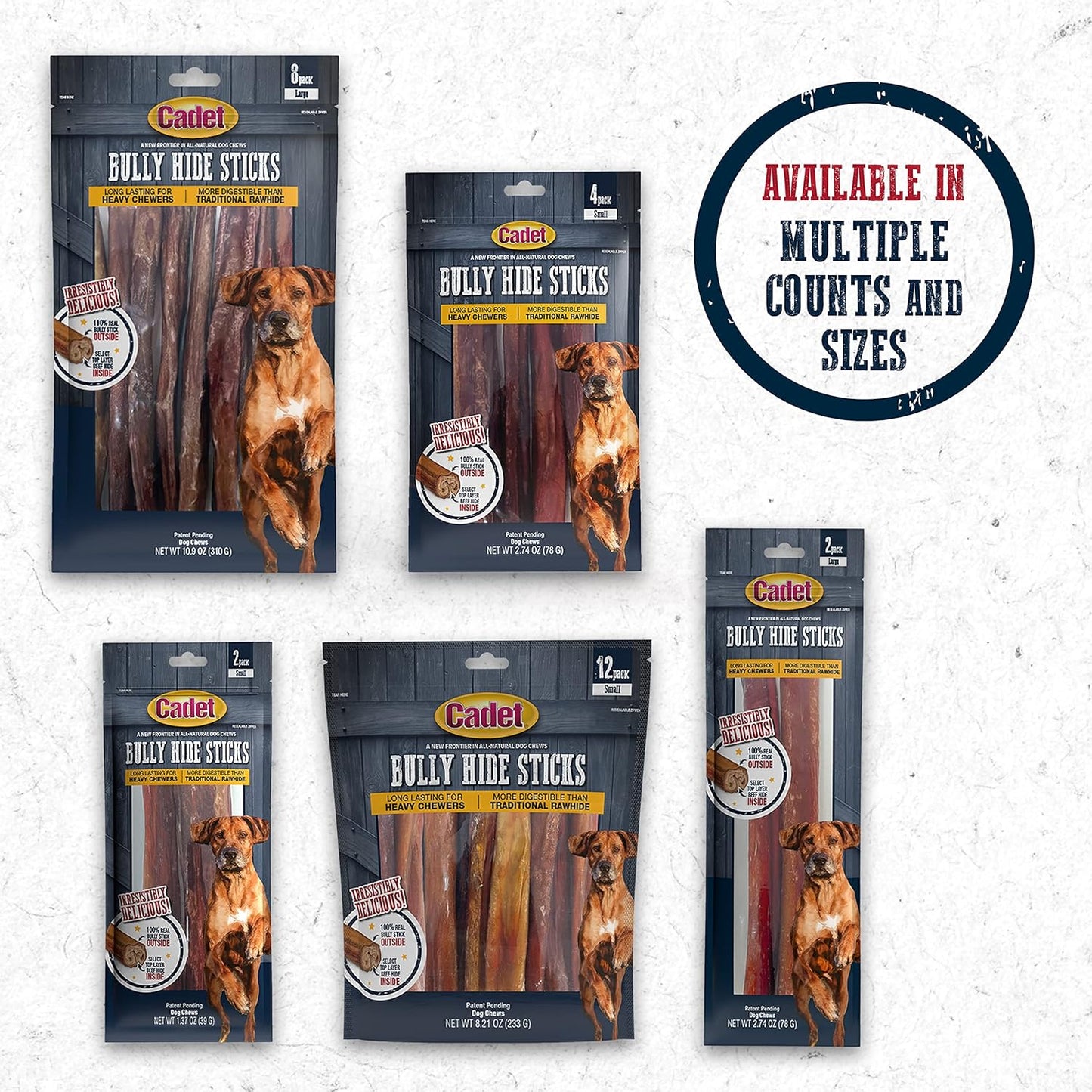 Cadet Bully Hide Sticks for Small Dogs, All-Natural Beef Pizzle, Limited-Ingredient Long-Lasting Dog Chews for Aggressive Chewers, 12 Count