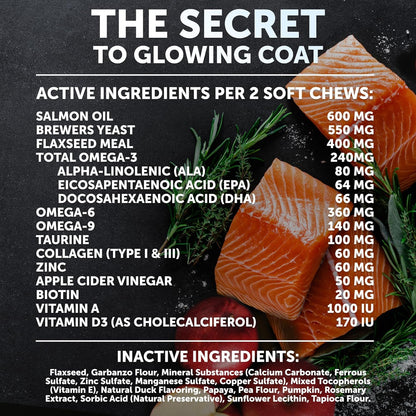 Omega 3 Fish Oil for Dogs - Dog Allergy Chews - Itch Relief & Skin and Coat Supplement with Salmon Oil - Hot Spots Treatment - Allergy & Anti Shedding Support - EPA & DHA Fatty Acids - 120 Treats