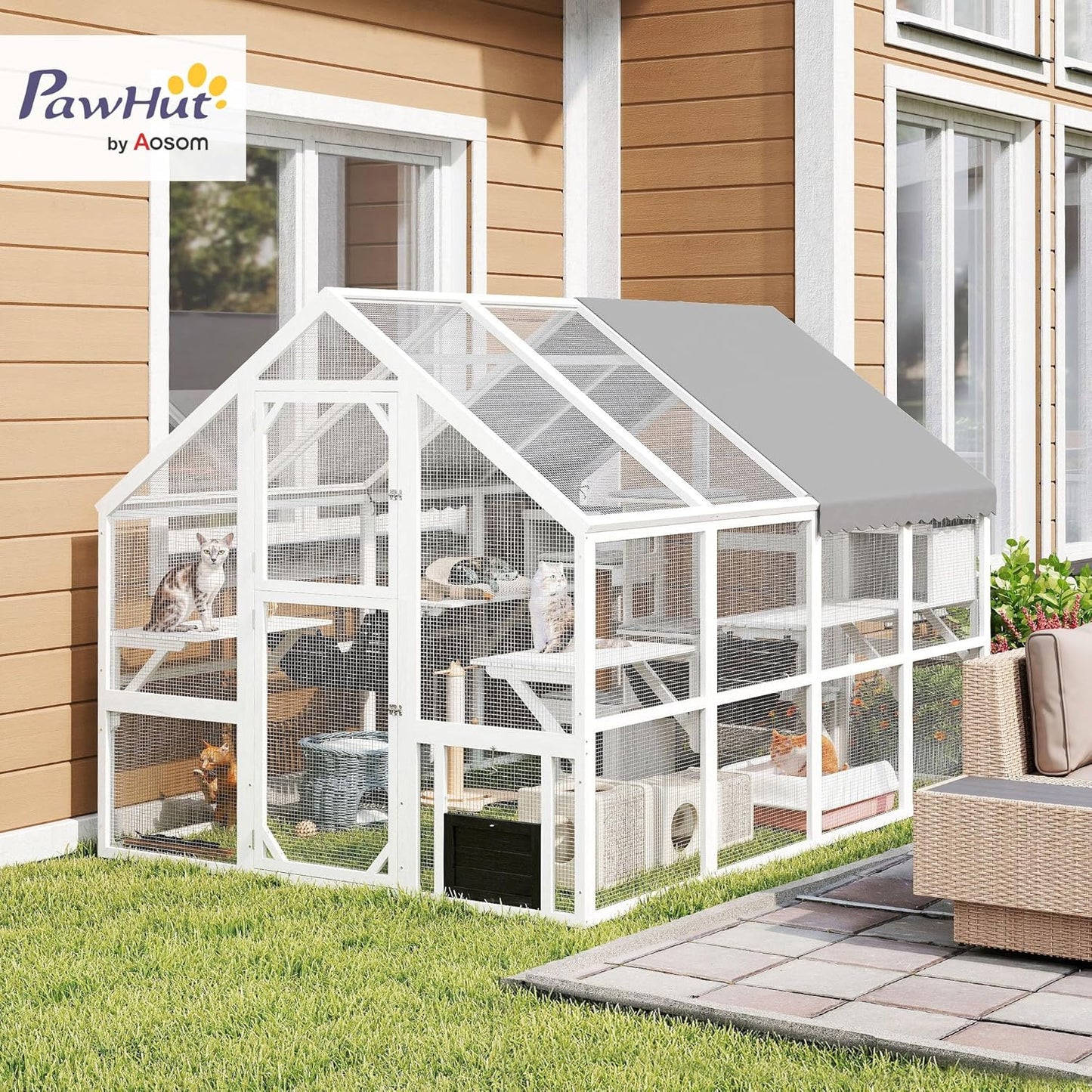 PawHut 110" L Large Catio Outdoor Cat Enclosure for Multiple Kittens, 56 sq.ft Wooden Cat House with Waterproof Cover, Walk in Kitty Cage Kennel with 2 Condos, 6 Platforms, Bridge, Doors, White