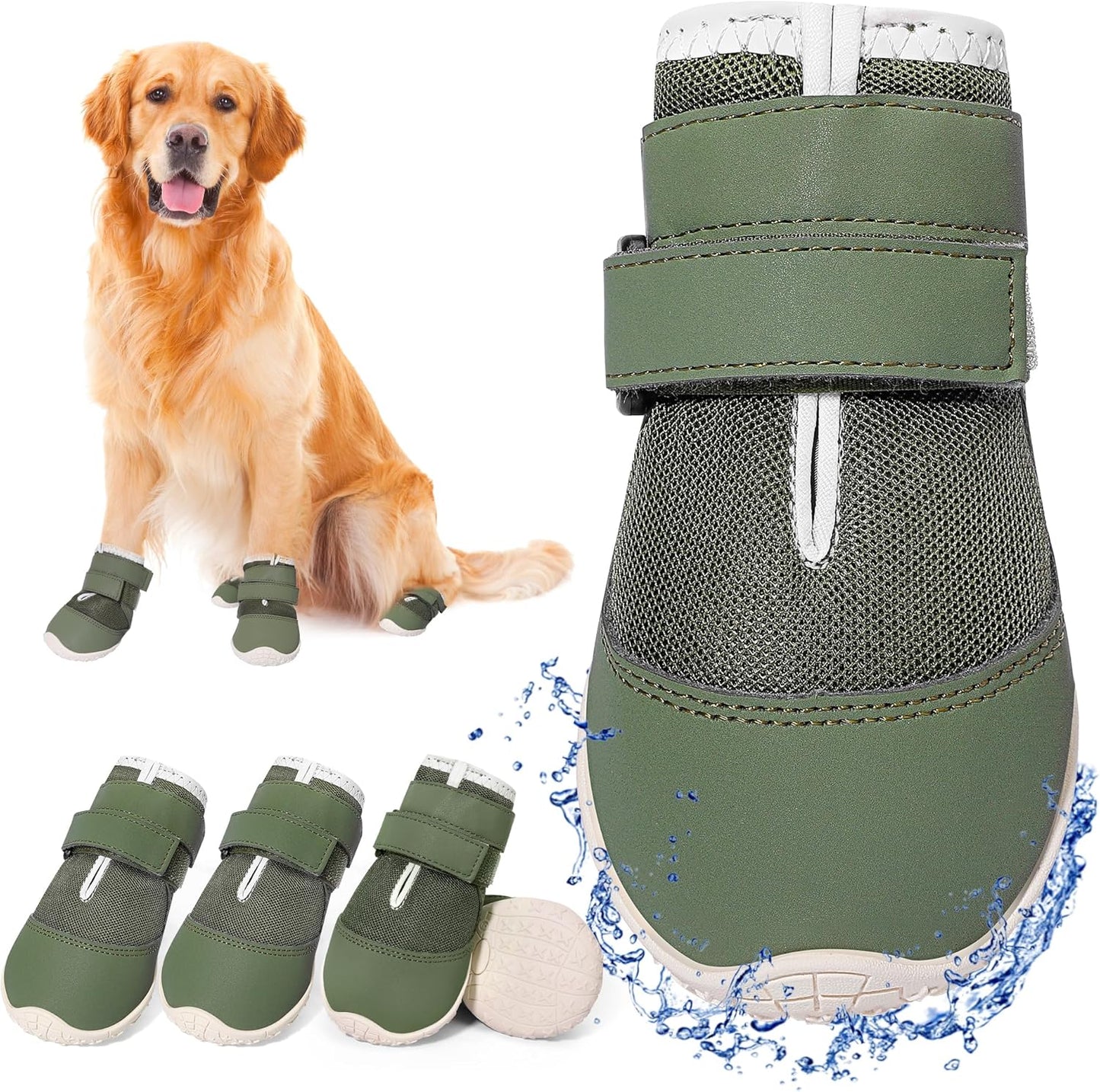 DcOaGt Dog Shoes for Large Dogs, Mesh Breathable Dog Boots & Paw Protectors for Hot Pavement Summer Winter Snow, 360° Anti-Slip Dog Booties for Hiking/Walking,Military Green 4PCS(Size 8)